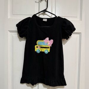 Girls 5/6 Back To School Bus Bow Polka Dot Two Piece Outfit Shirt Pants